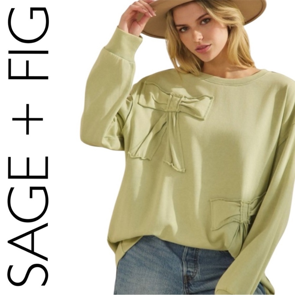 POL Sage Green Whimsy Distressed Bohemian Bow Detail Sweatshirt NWT - Picture 6 of 7